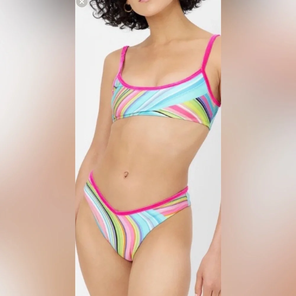 Frankie's Bikinis Multi-Color Striped Scoop Bikini with Hot Pink Trim